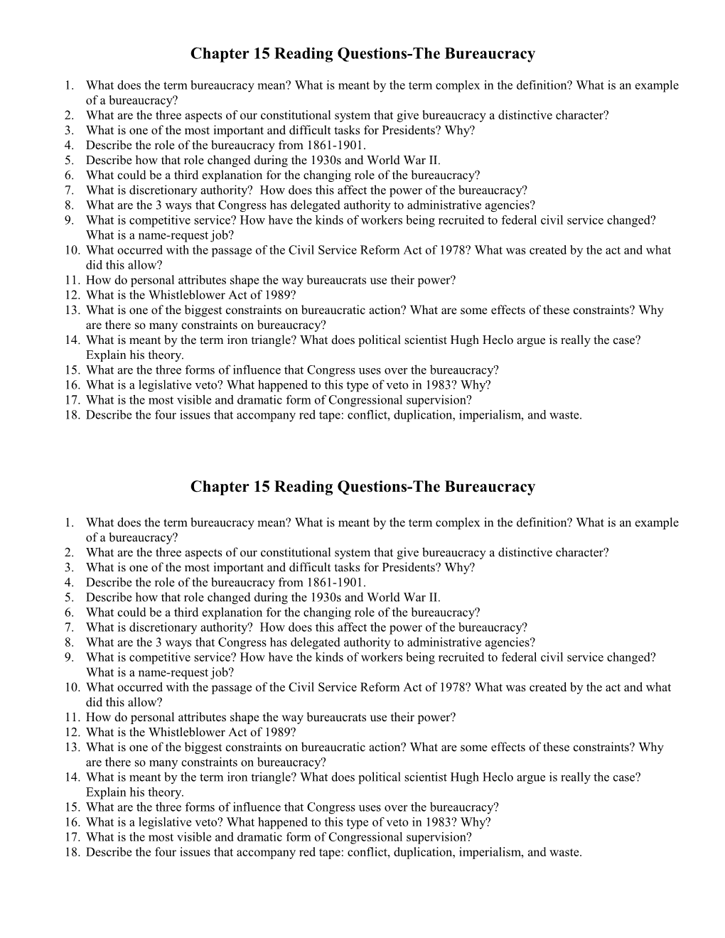 Chapter 15 Reading Questions-The Bureaucracy