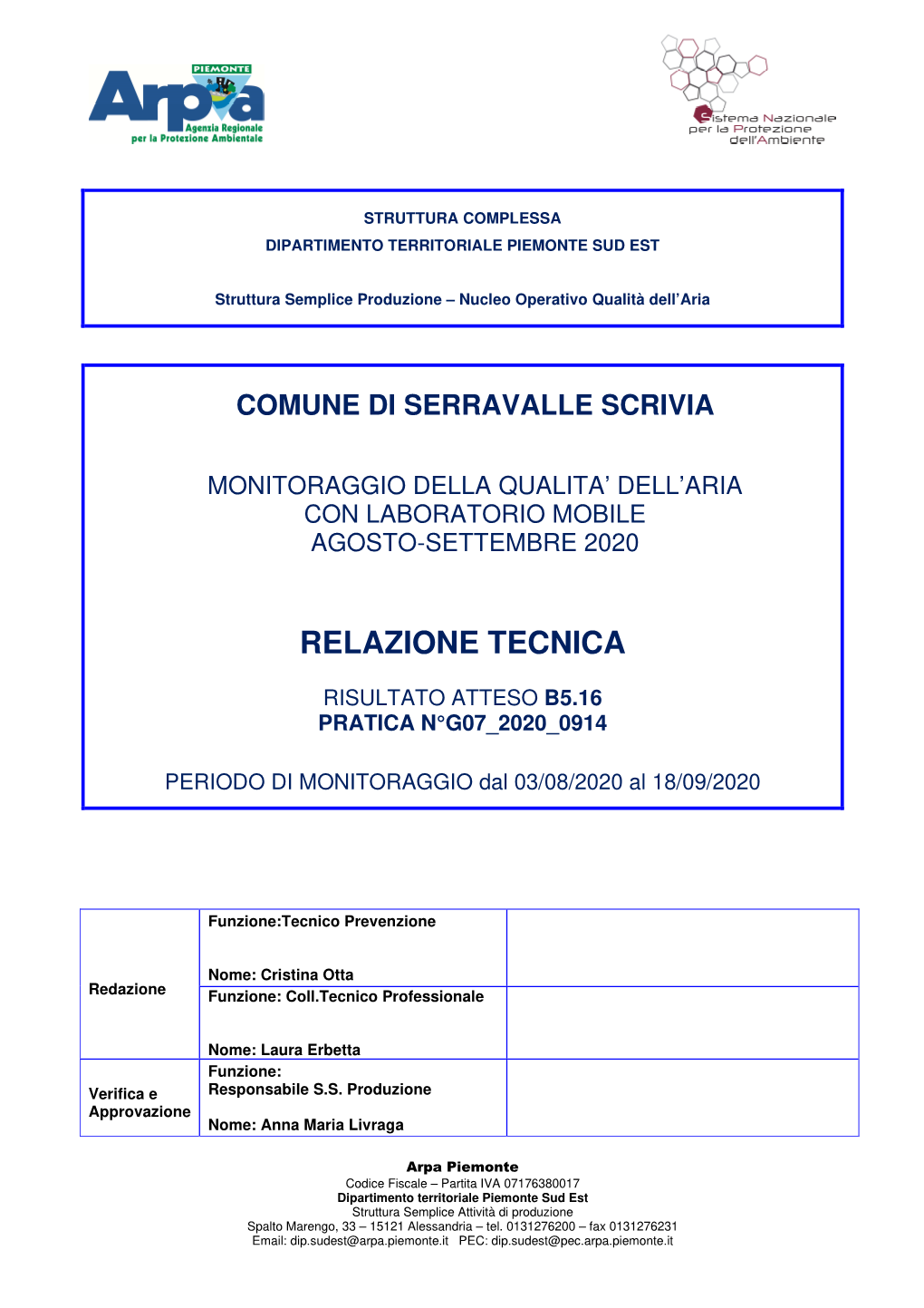 Relazione Serravalle Scrivia Monitoraggio Qa