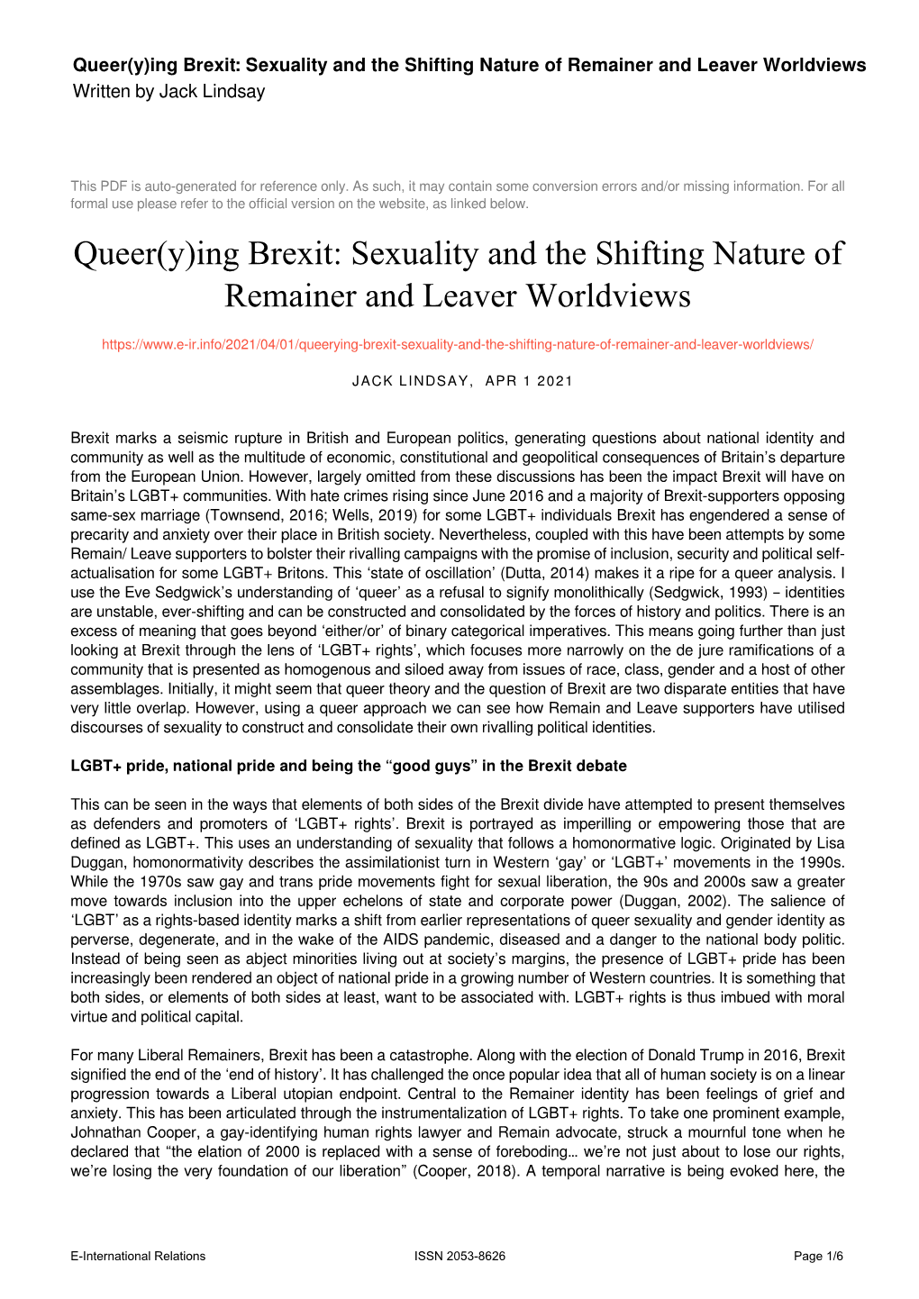 Queer(Y)Ing Brexit: Sexuality and the Shifting Nature of Remainer and Leaver Worldviews Written by Jack Lindsay