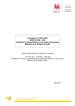 Circulaire C.T.02.21.(02) DGO1.21/DA – 2A1 Chantiers Et Interventions Sur Le Réseau Structurant Maintien De La Fluidité Du Trafic