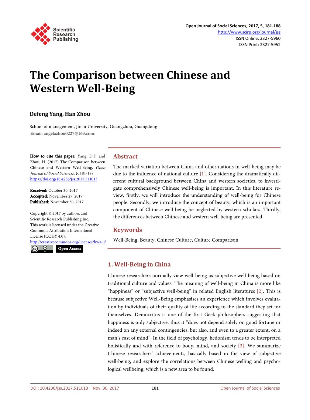 The Comparison Between Chinese and Western Well-Being