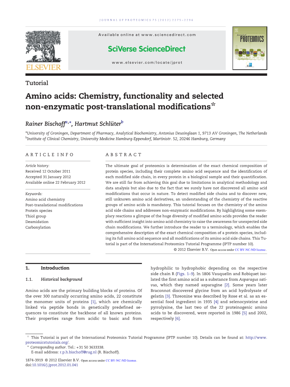 Amino Acids: Chemistry, Functionality and Selected ☆ Non-Enzymatic Post-Translational Modifications