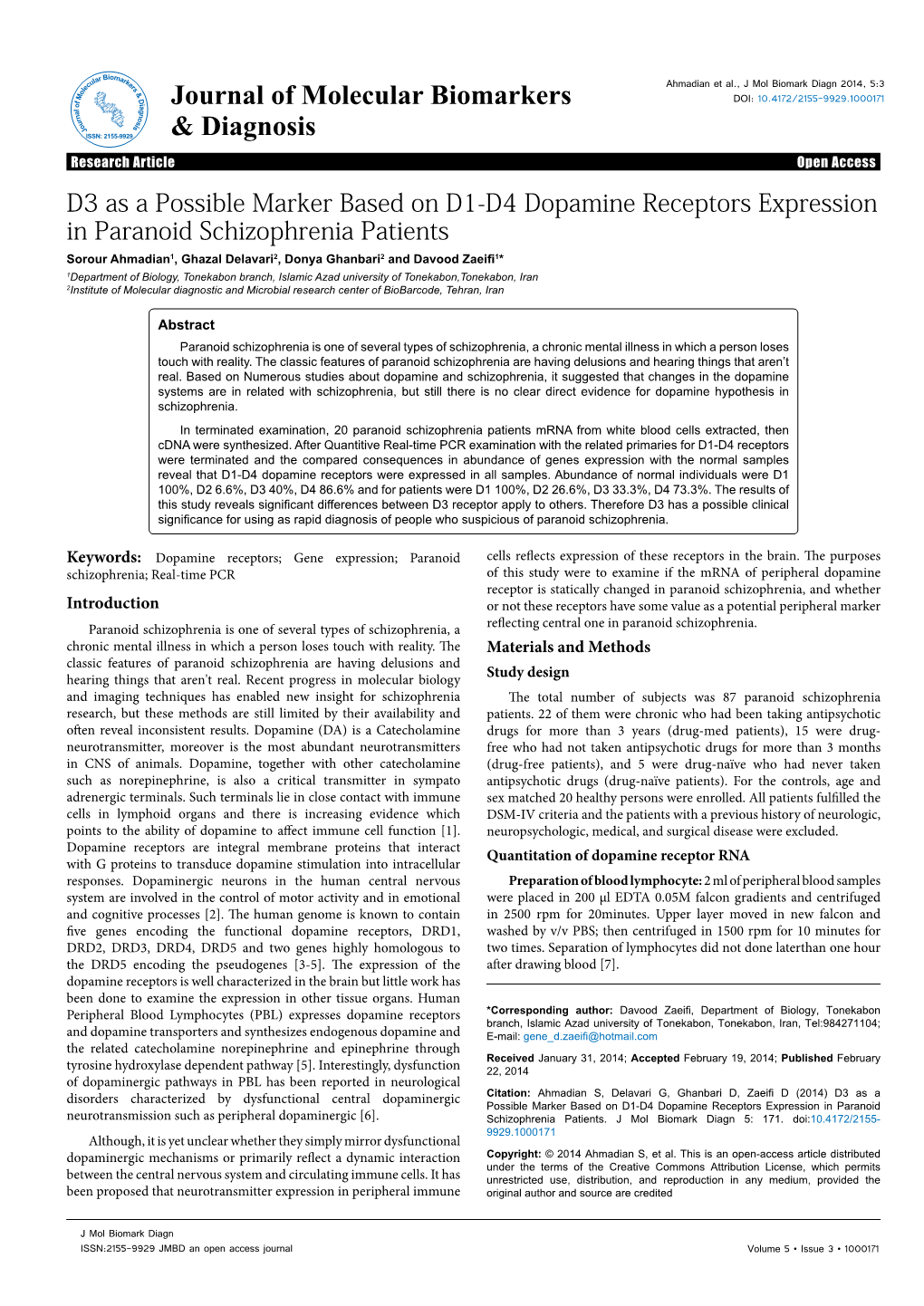 D3 As a Possible Marker Based on D1-D4 Dopamine Receptors