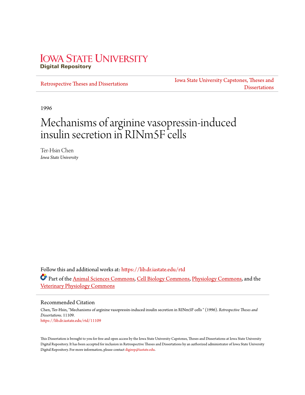 Mechanisms of Arginine Vasopressin-Induced Insulin Secretion in Rinm5f Cells Ter-Hsin Chen Iowa State University