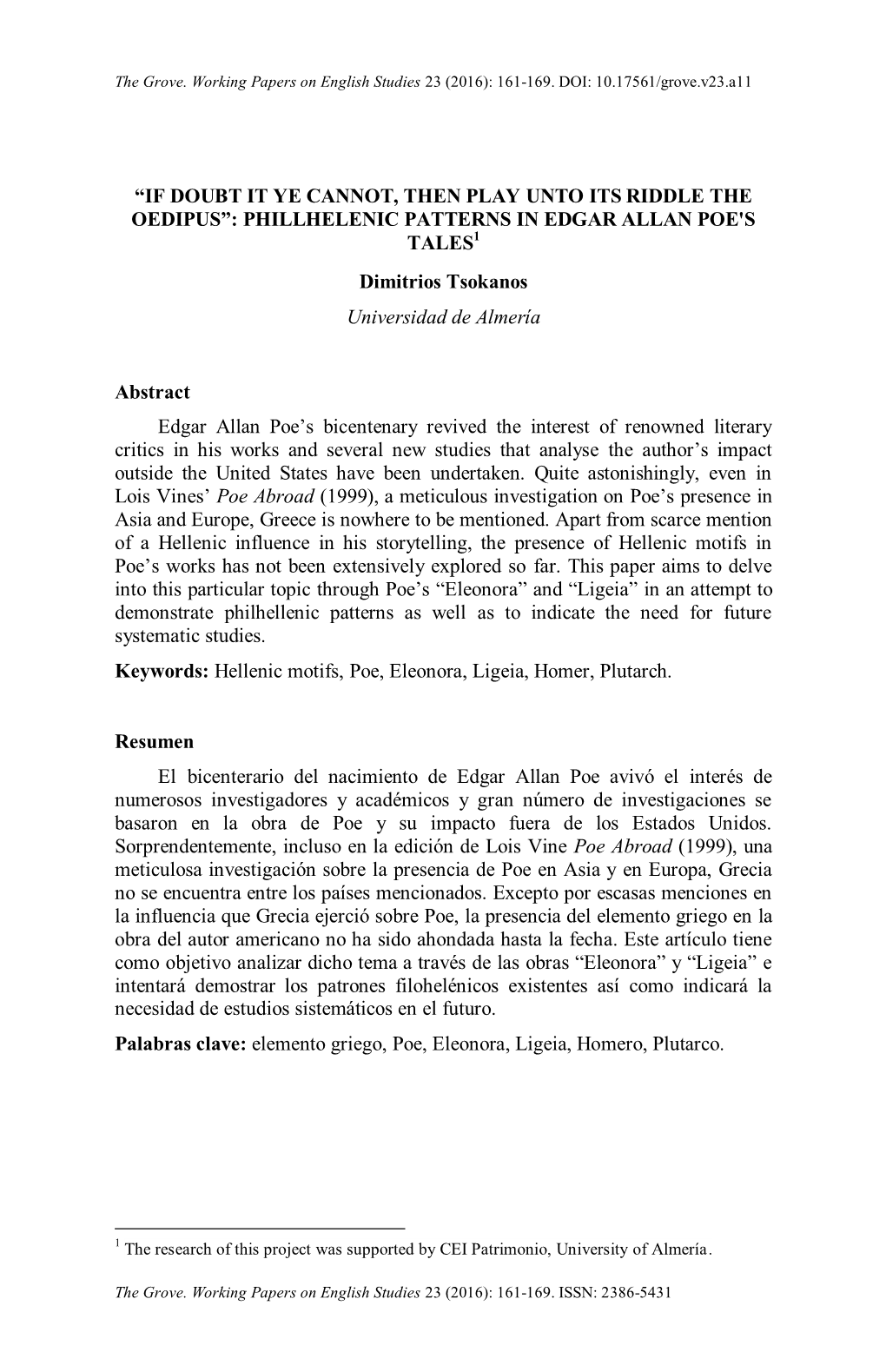 PHILLHELENIC PATTERNS in EDGAR ALLAN POE's TALES1 Dimitrios Tsokanos Universidad De Almería