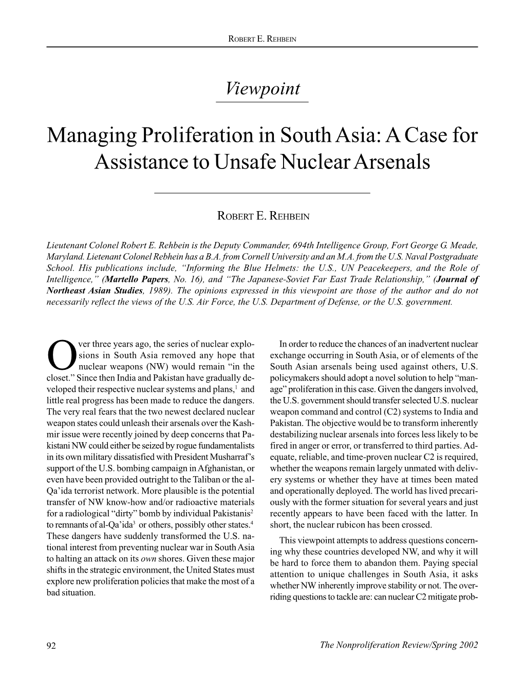 Managing Proliferation in South Asia: a Case for Assistance to Unsafe Nuclear Arsenals