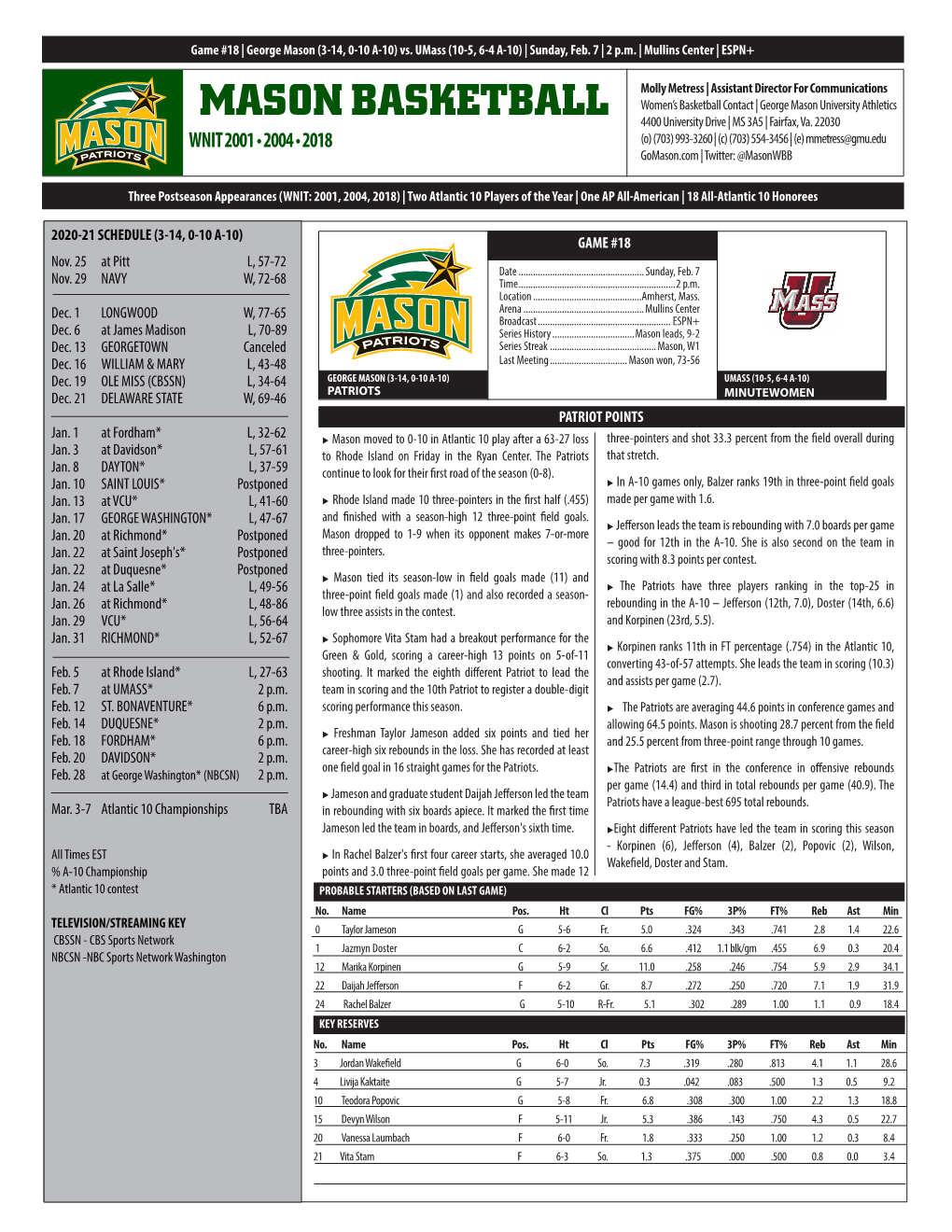 MASON BASKETBALL 4400 University Drive | MS 3A5 | Fairfax, Va