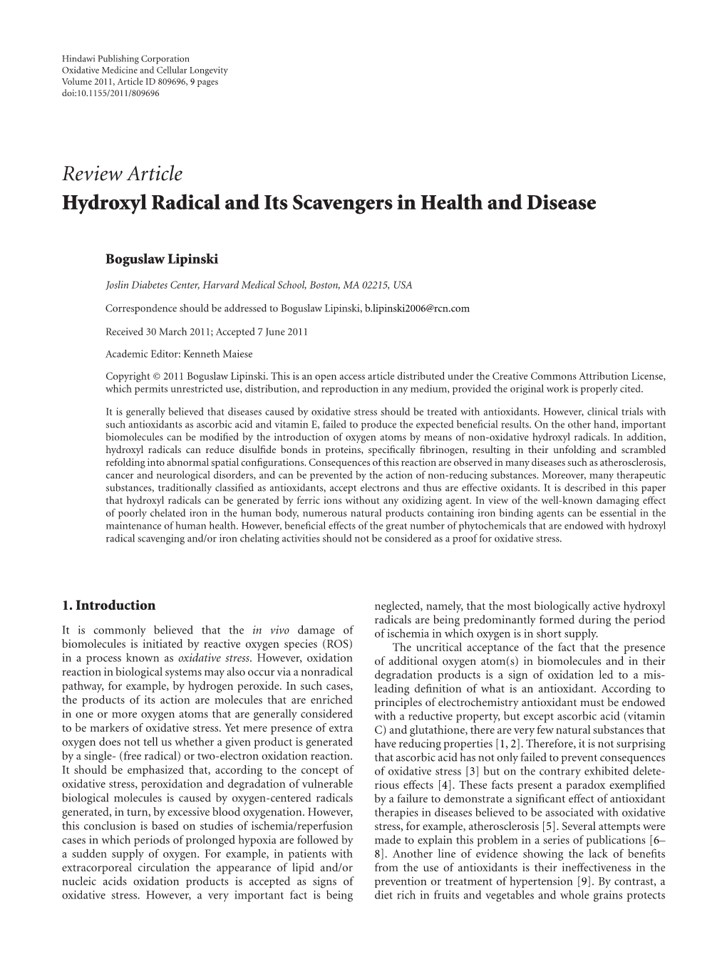 Review Article Hydroxyl Radical and Its Scavengers in Health and Disease
