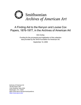 A Finding Aid to the Kenyon and Louise Cox Papers, 1876-1977, in the Archives of American Art