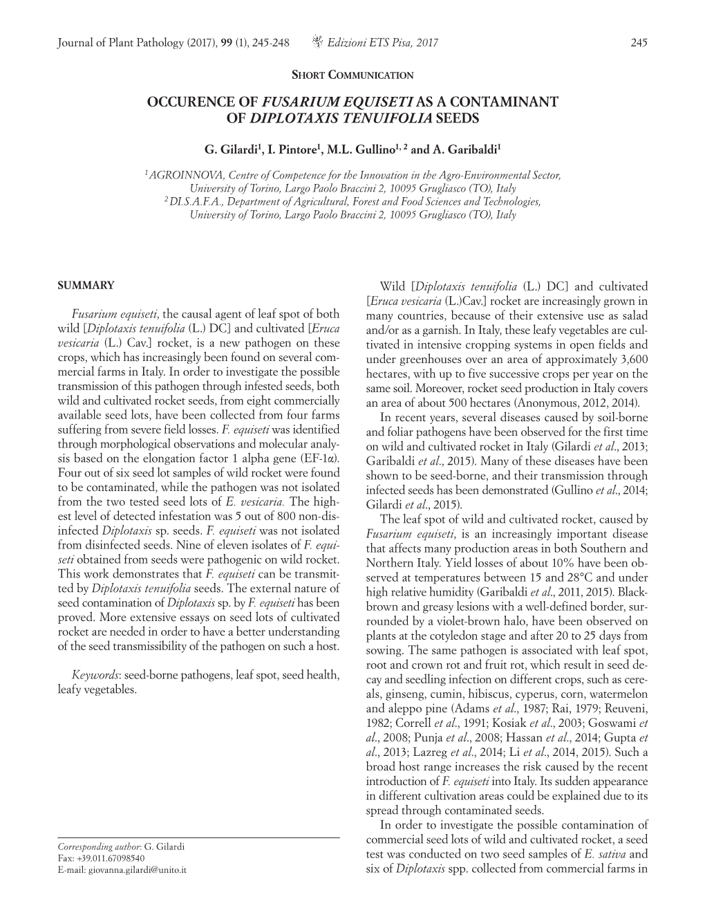 Occurence of Fusarium Equiseti As a Contaminant of Diplotaxis Tenuifolia Seeds