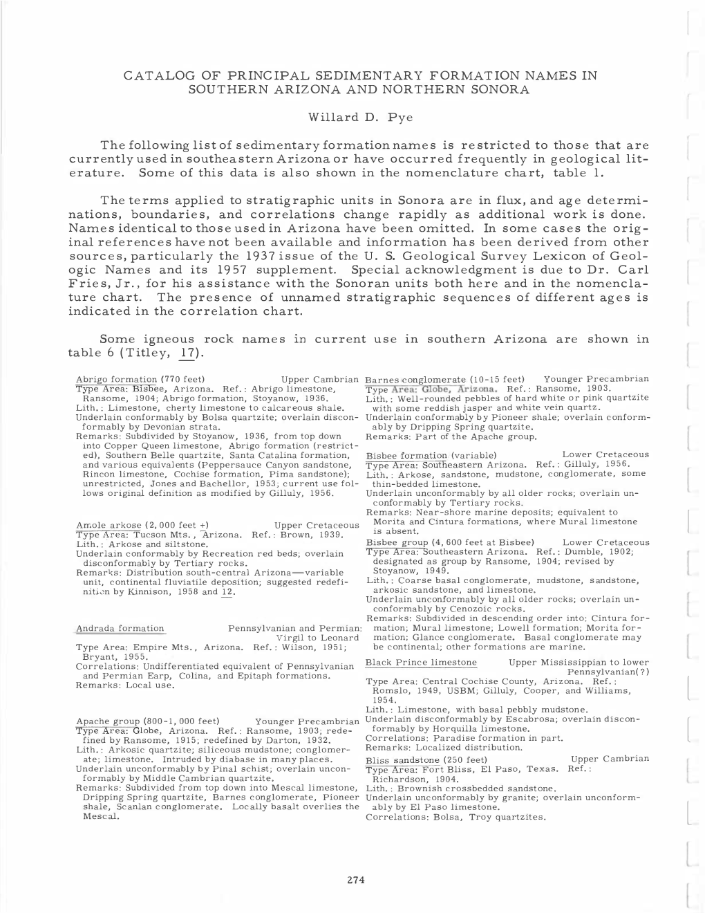 Catalog of Principal Sedimentary Formation Names in Southern Arizona and Northern Sonora