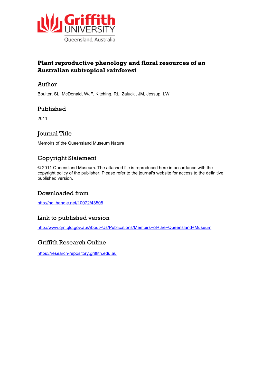 Plant Reproductive Phenology and Floral Resources of an Australian Subtropical Rainforest