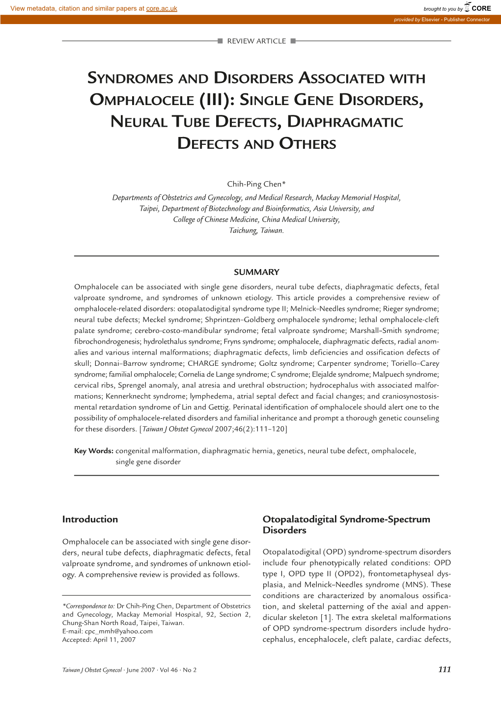 Syndromes and Disorders Associated with Omphalocele (Iii): Single Gene Disorders, Neural Tube Defects, Diaphragmatic Defects and Others