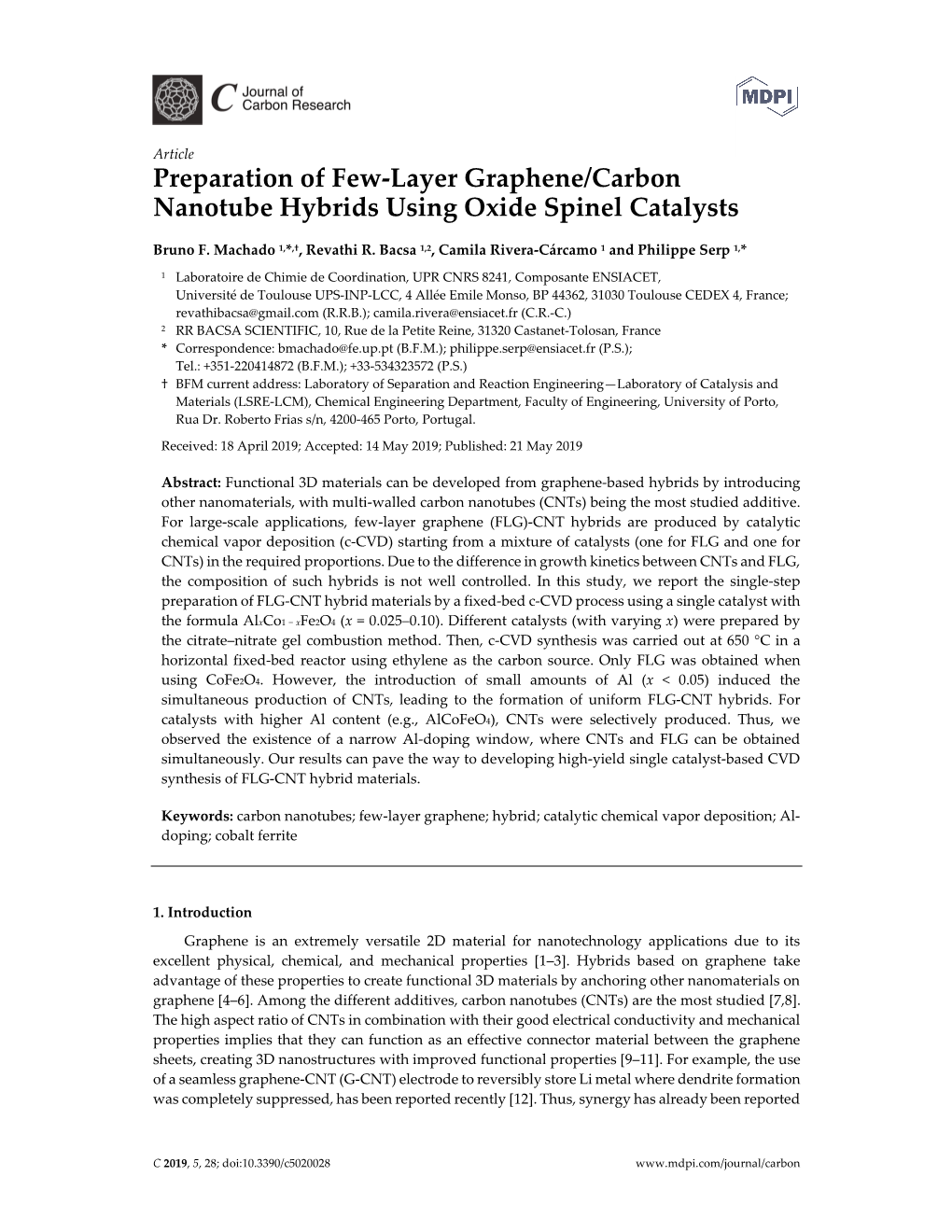 Preparation of Few-Layer Graphene/Carbon Nanotube Hybrids Using Oxide Spinel Catalysts