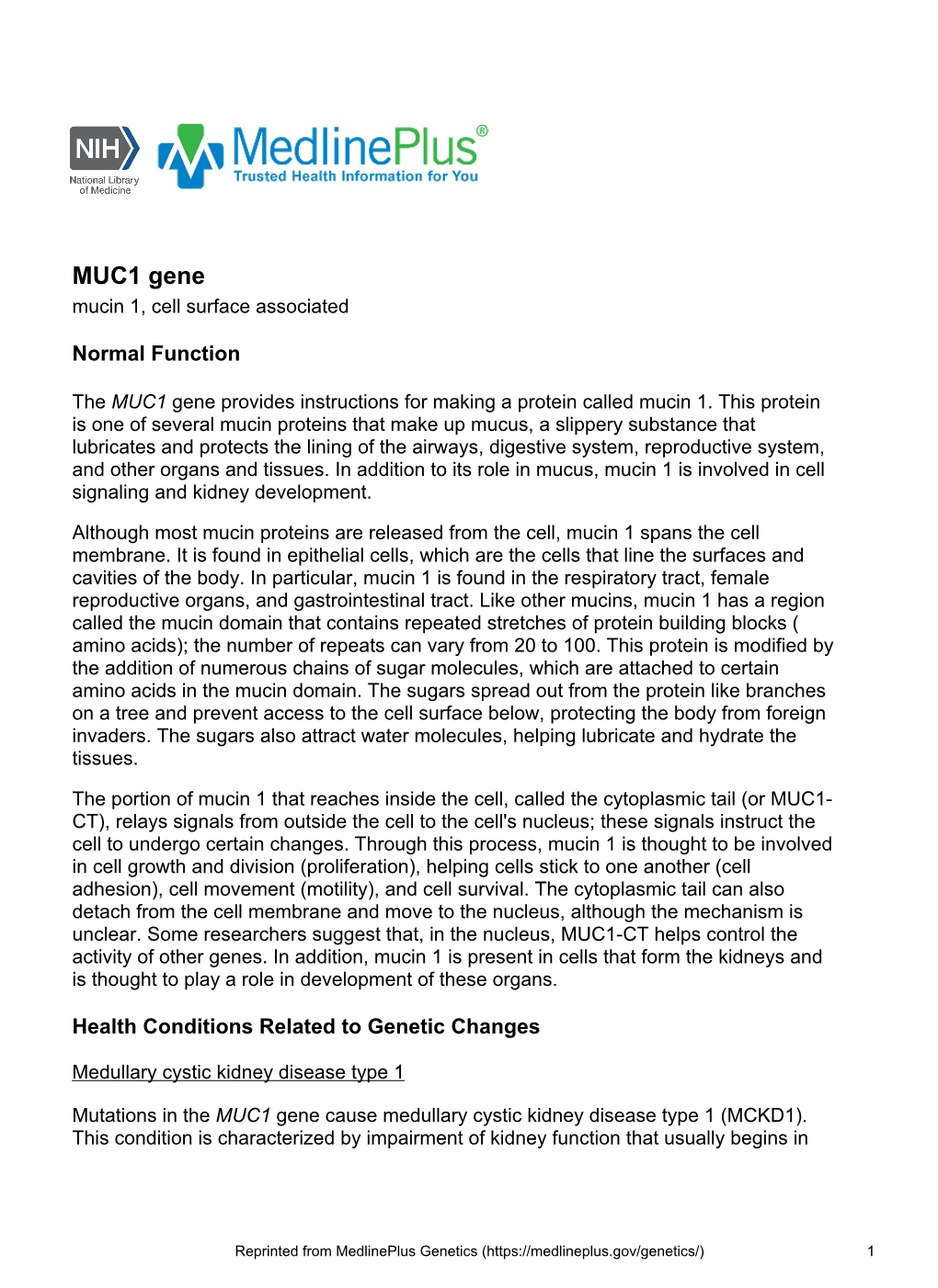 MUC1 Gene Mucin 1, Cell Surface Associated