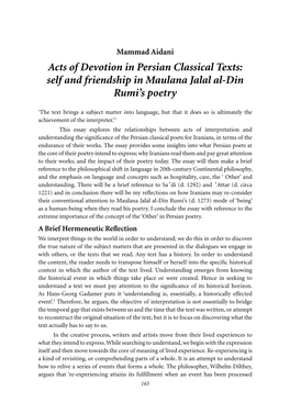 Acts of Devotion in Persian Classical Texts: Self and Friendship in Maulana Jalal Al-Din Rumi’S Poetry