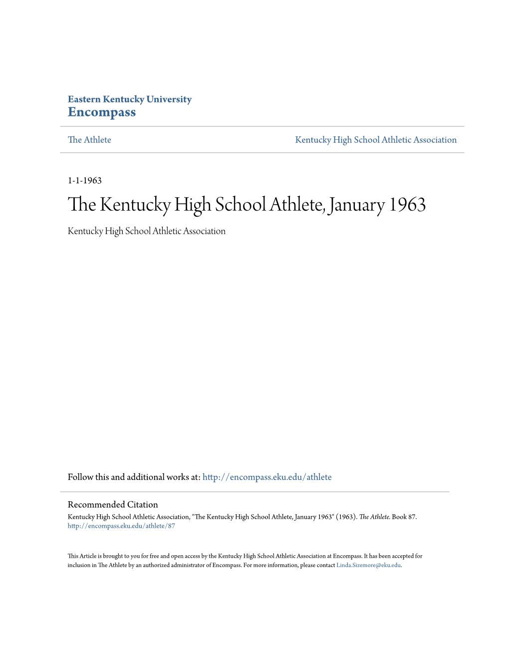 The Kentucky High School Athlete, January 1963 Kentucky High School Athletic Association