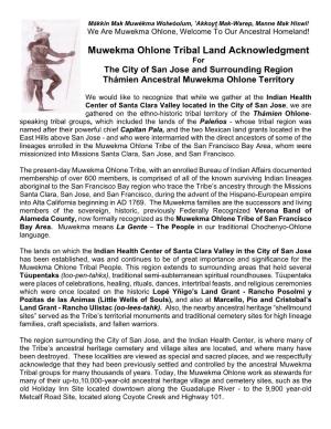 Muwekma Ohlone Tribal Land Acknowledgment for the City of San Jose and Surrounding Region Thámien Ancestral Muwekma Ohlone Territory
