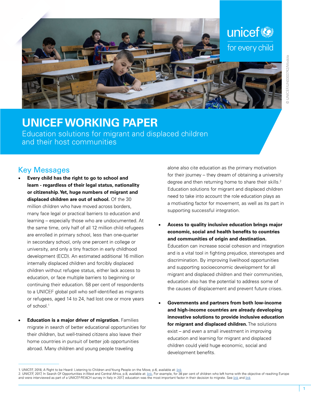 UNICEF WORKING PAPER Education Solutions for Migrant and Displaced Children and Their Host Communities