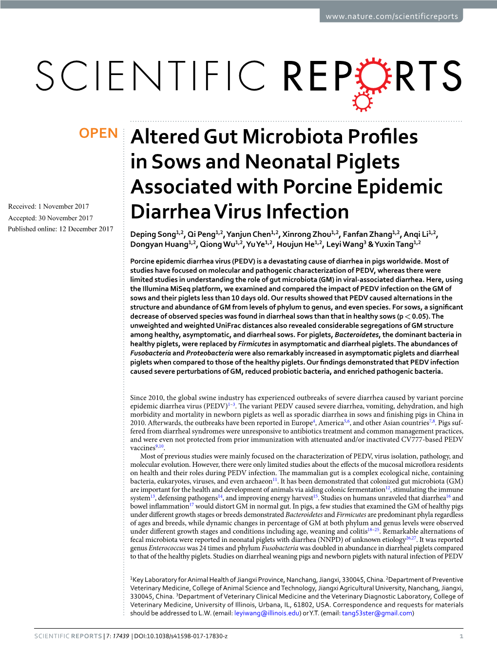 Altered Gut Microbiota Profiles in Sows and Neonatal Piglets Associated with Porcine Epidemic Diarrhea Virus Infection