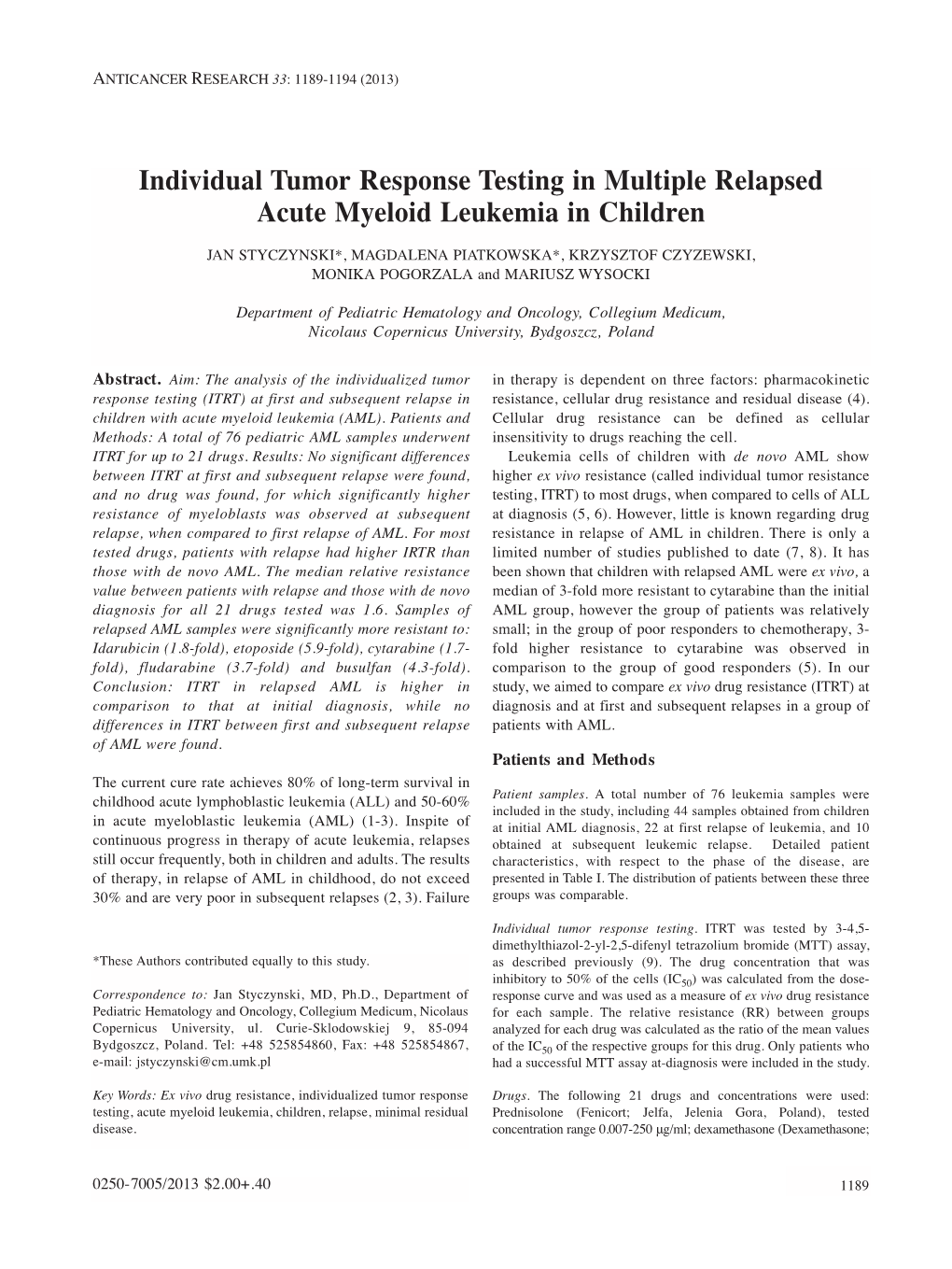 Individual Tumor Response Testing in Multiple Relapsed Acute Myeloid Leukemia in Children