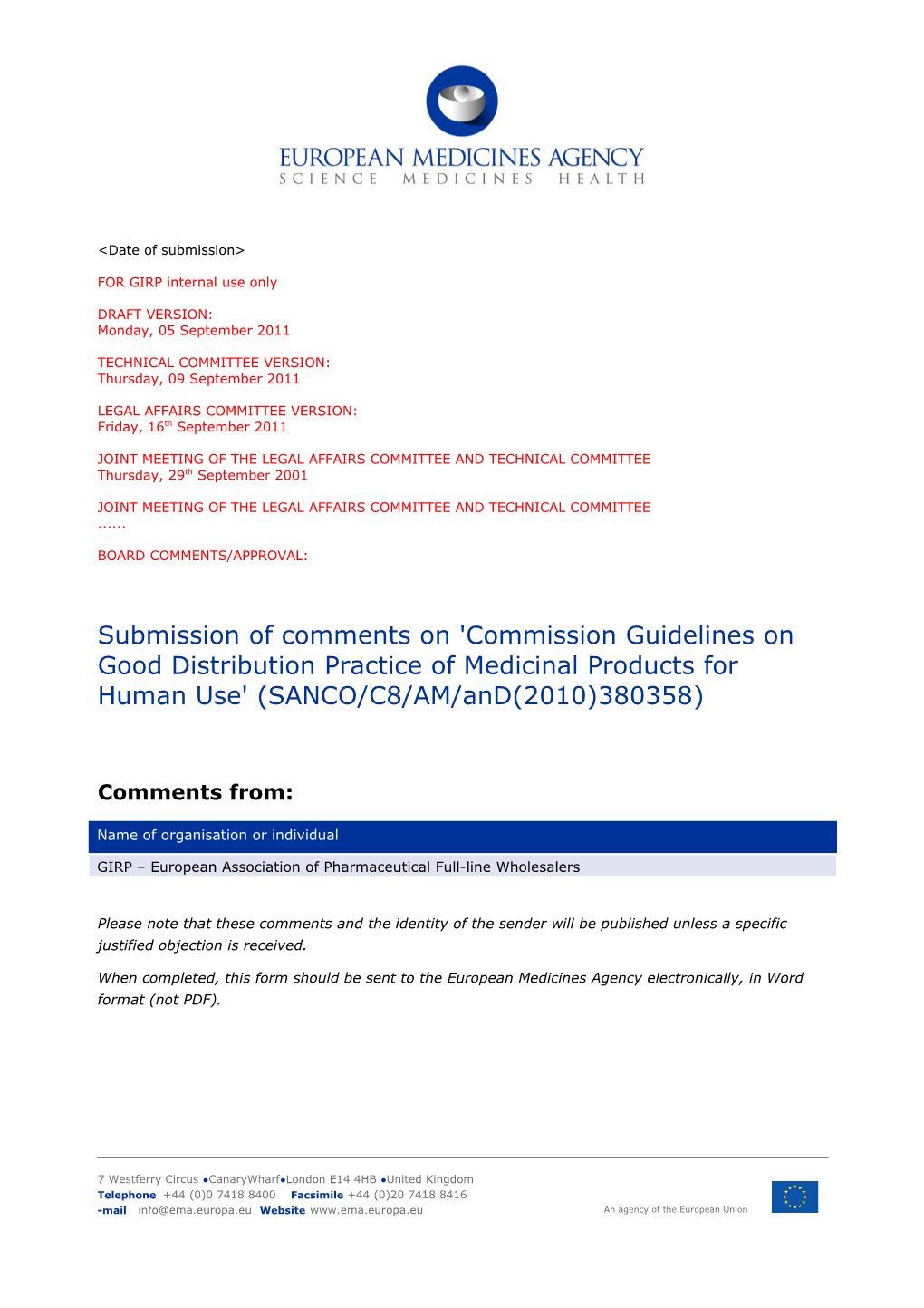 Form for Submission of Comments s1