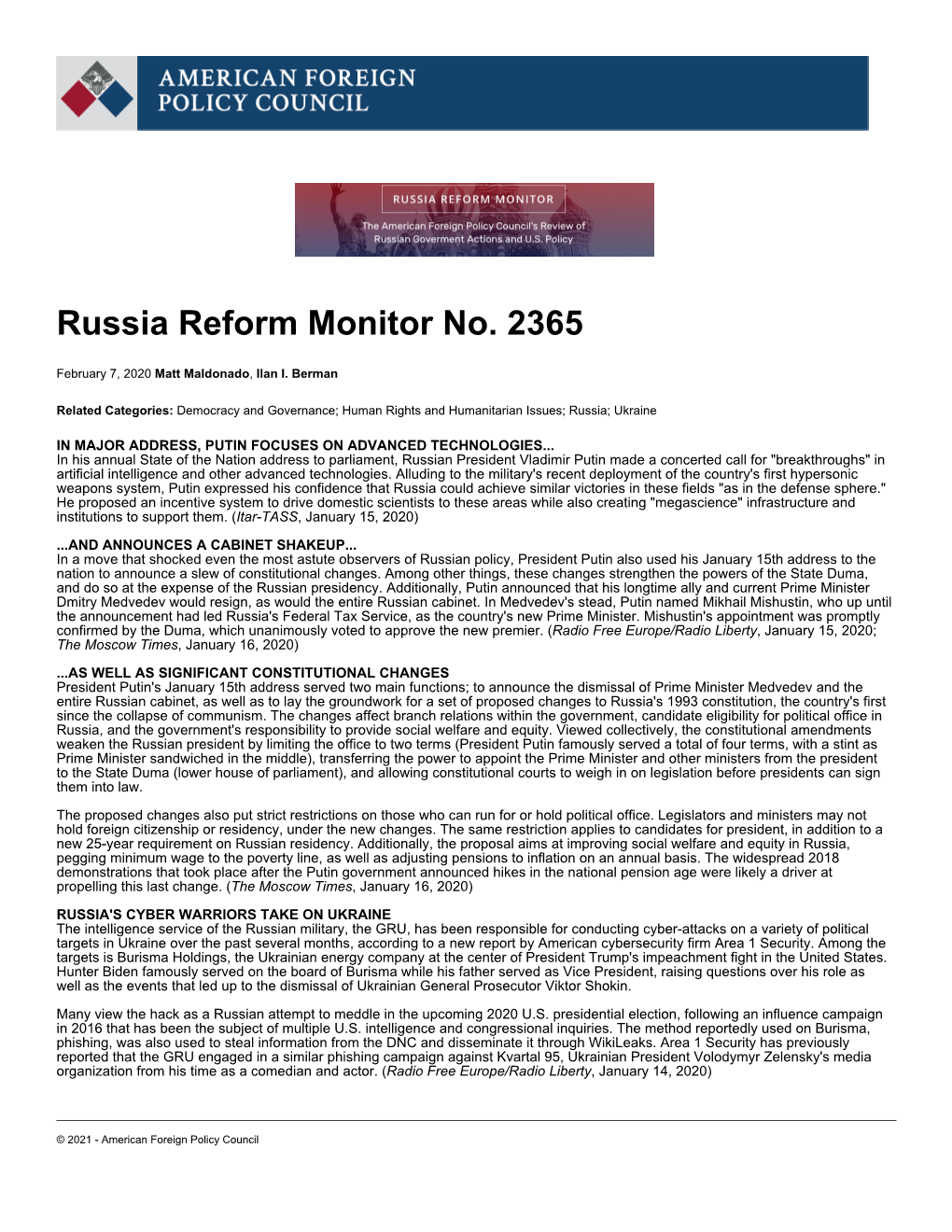 Russia Reform Monitor No. 2365 | American Foreign Policy Council