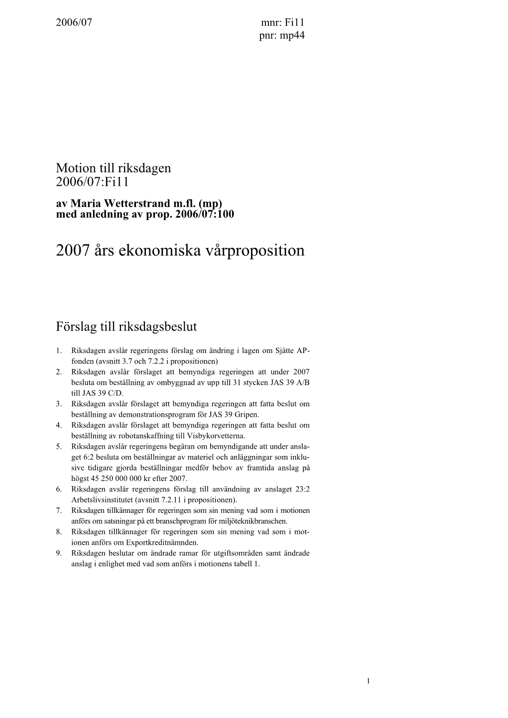 2007 Års Ekonomiska Vårproposition