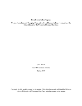 From Boston to Los Angeles: Women Marathoners's Changing Perspectives from Pleasure to Empowerment and the Establishment of T