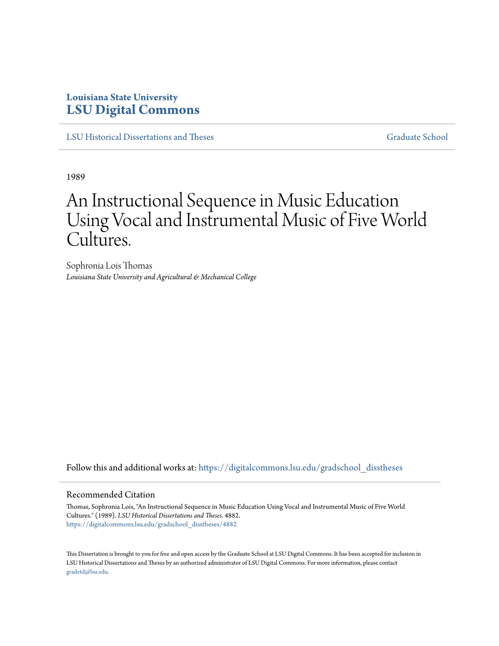 An Instructional Sequence in Music Education Using Vocal and Instrumental Music of Five World Cultures