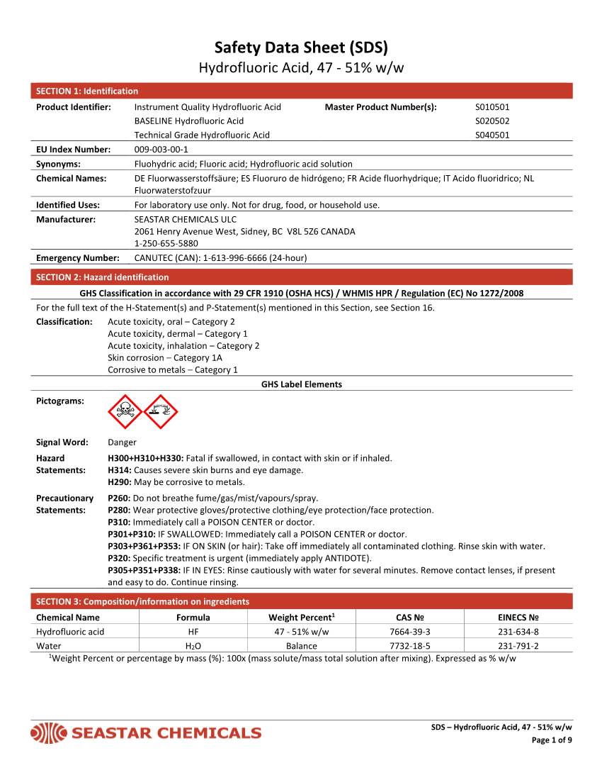 Safety Data Sheet (SDS) Hydrofluoric Acid, 47 - 51% W/W