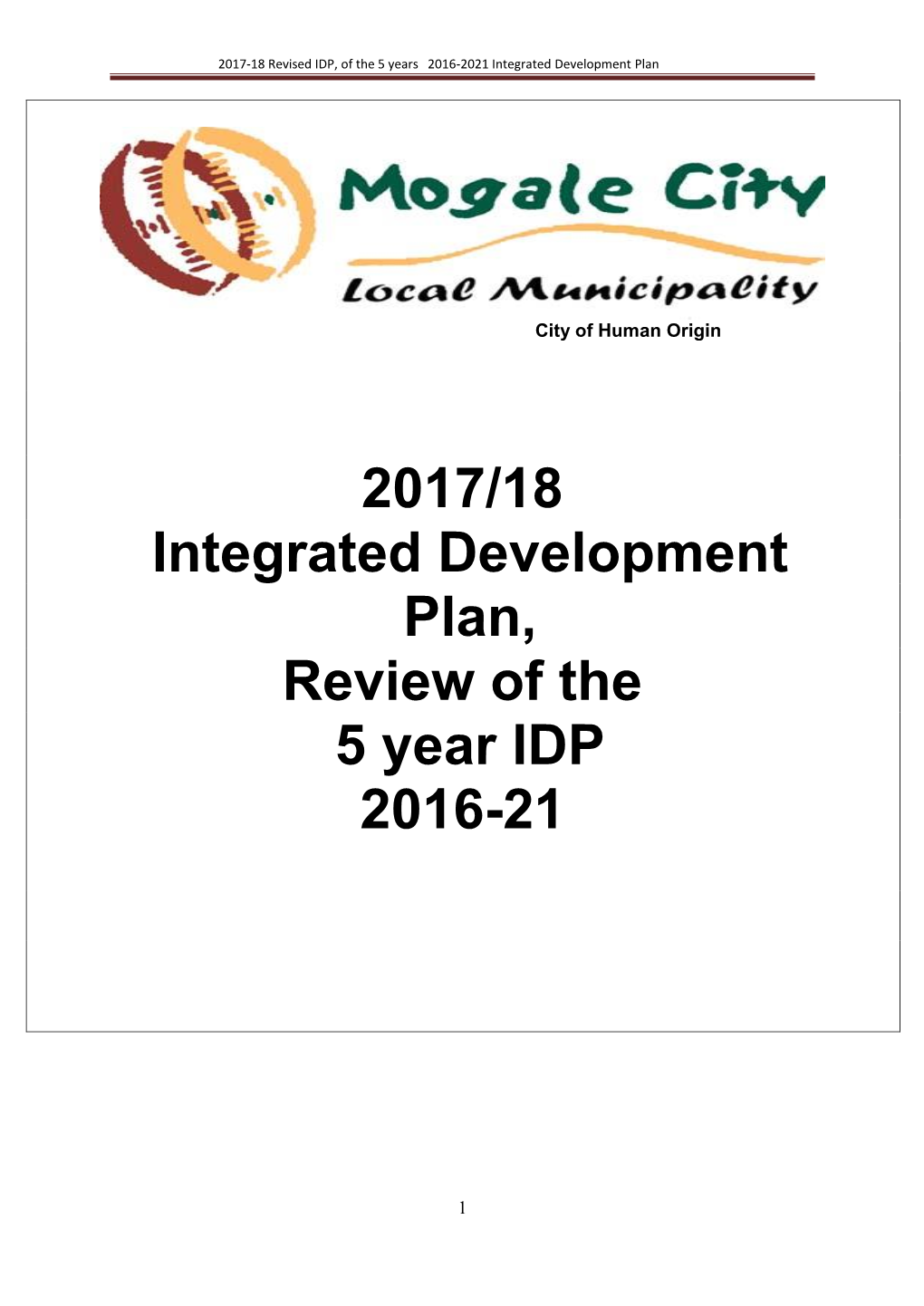 2017/18 Integrated Development Plan, Review of the 5 Year IDP 2016-21