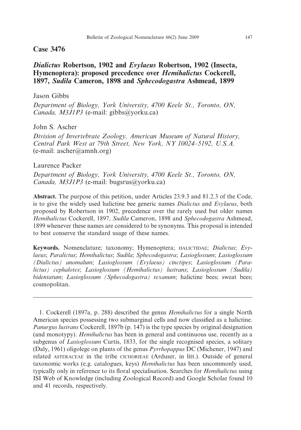 Insecta, Hymenoptera): Proposed Precedence Over Hemihalictus Cockerell, 1897, Sudila Cameron, 1898 and Sphecodogastra Ashmead, 1899