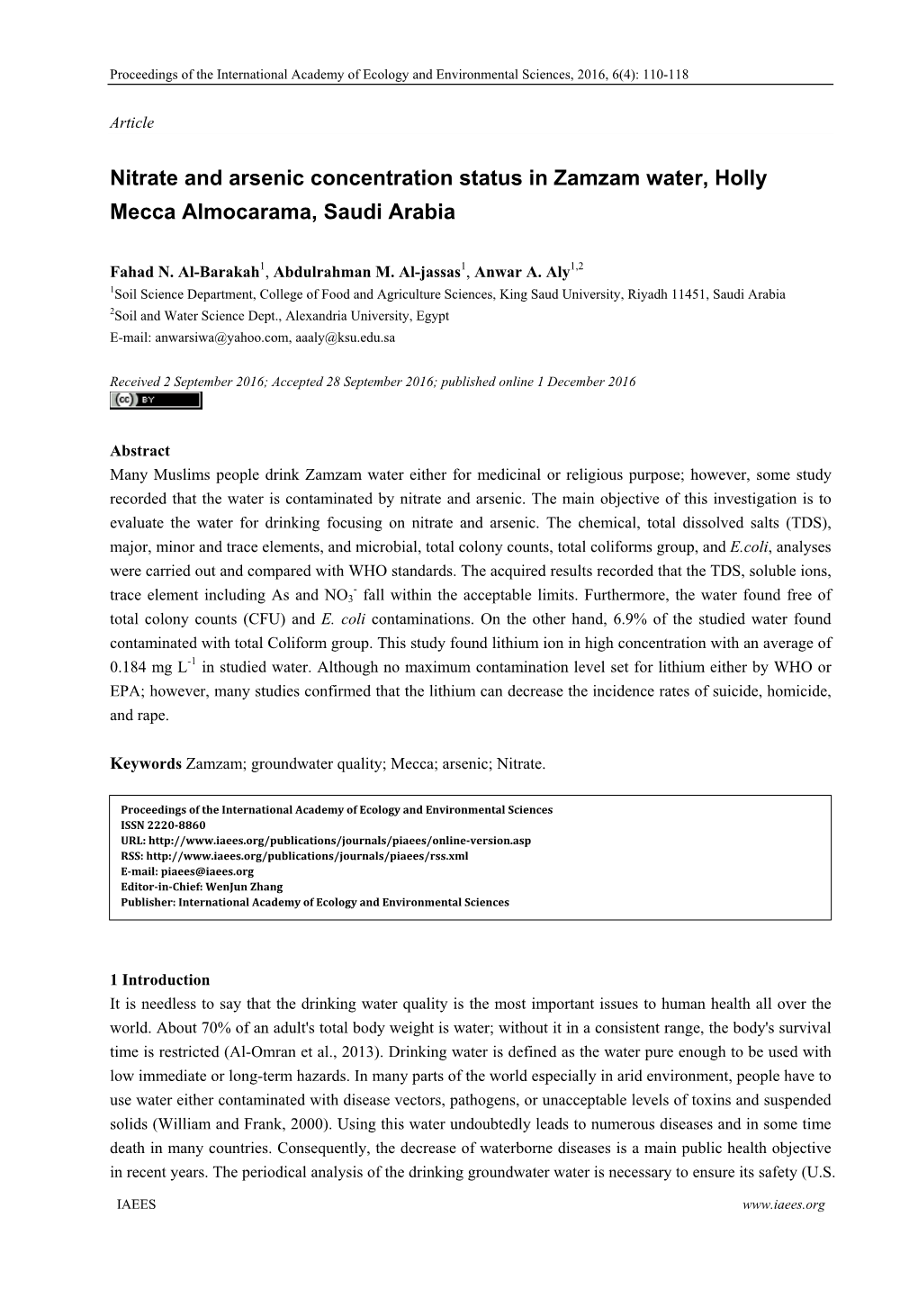 Nitrate and Arsenic Concentration Status in Zamzam Water, Holly Mecca Almocarama, Saudi Arabia