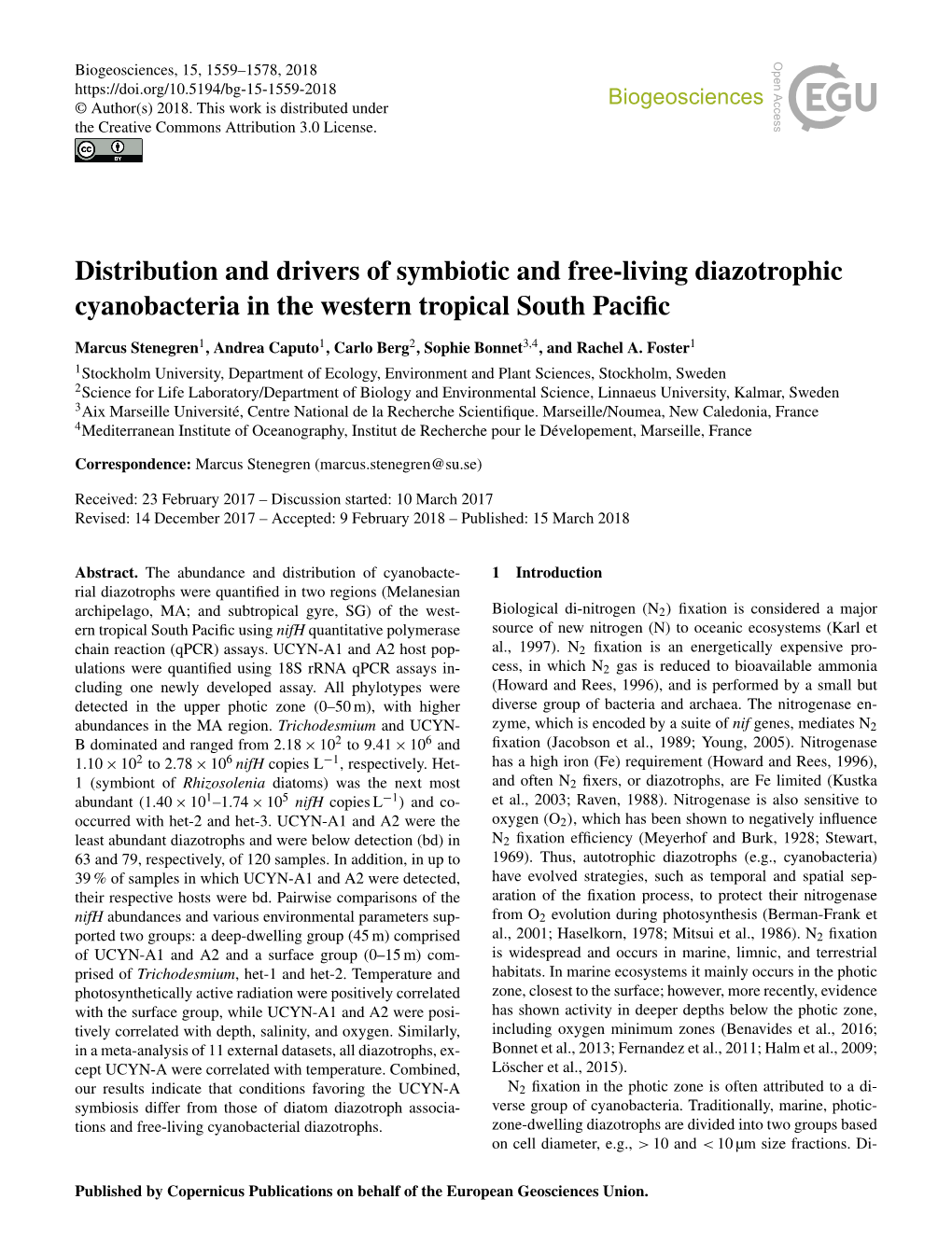 Distribution and Drivers of Symbiotic and Free-Living Diazotrophic Cyanobacteria in the Western Tropical South Pacific