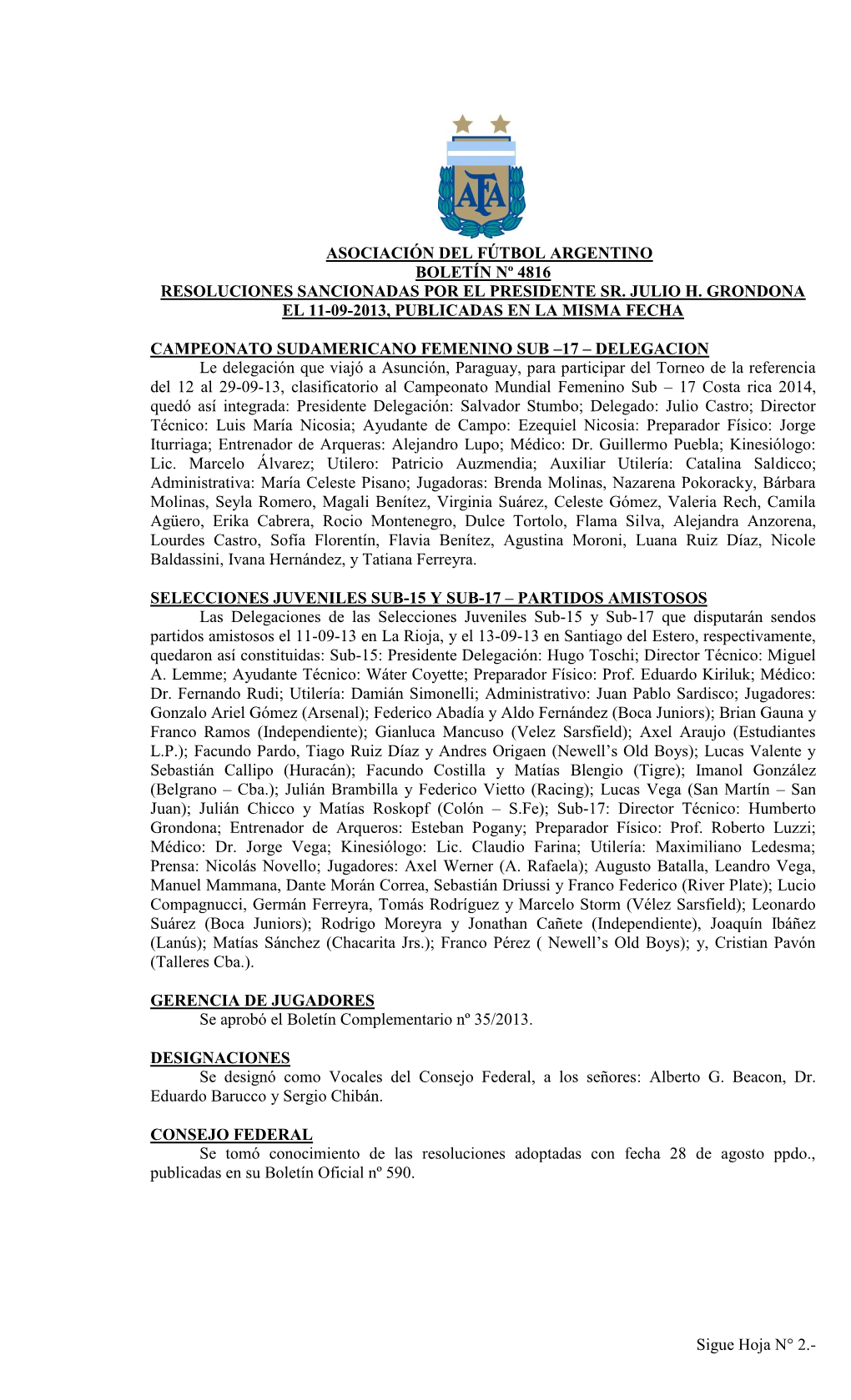 Asociación Del Fútbol Argentino Boletín Nº 4816 Resoluciones Sancionadas Por El Presidente Sr