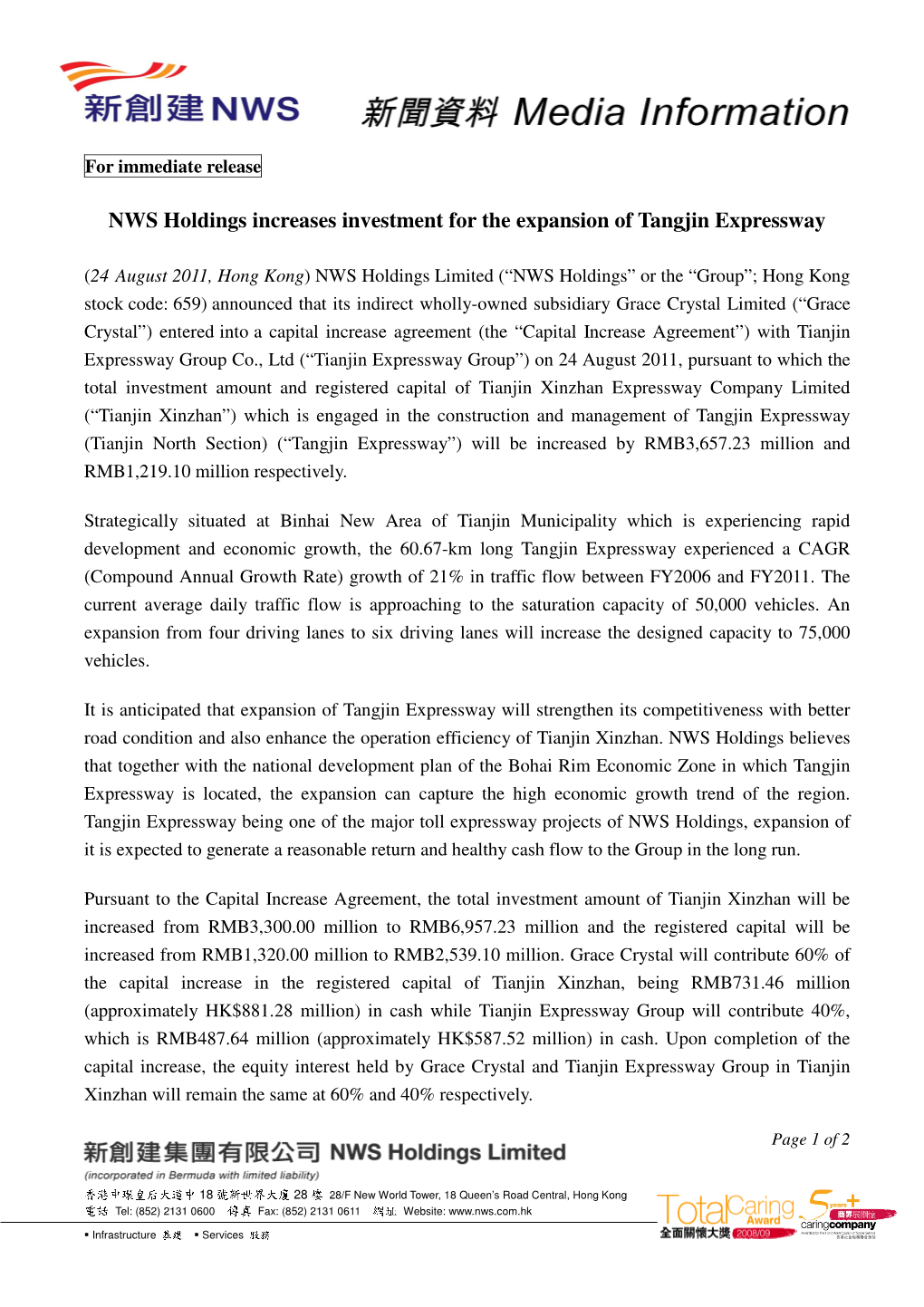 NWS Holdings Increases Investment for the Expansion of Tangjin Expressway