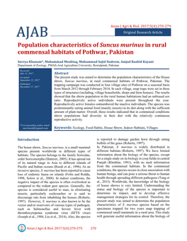 Population Characteristics of Suncus Murinus in Rural Commensal Habitats of Pothwar, Pakistan