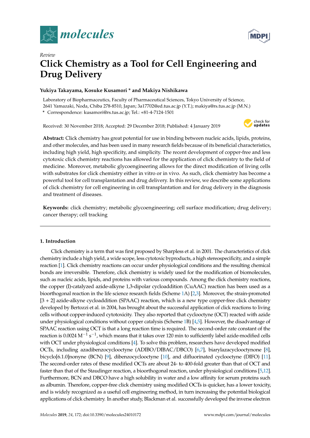 Click Chemistry As a Tool for Cell Engineering and Drug Delivery