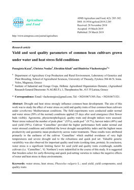 Yield and Seed Quality Parameters of Common Bean Cultivars Grown Under Water and Heat Stress Field Conditions