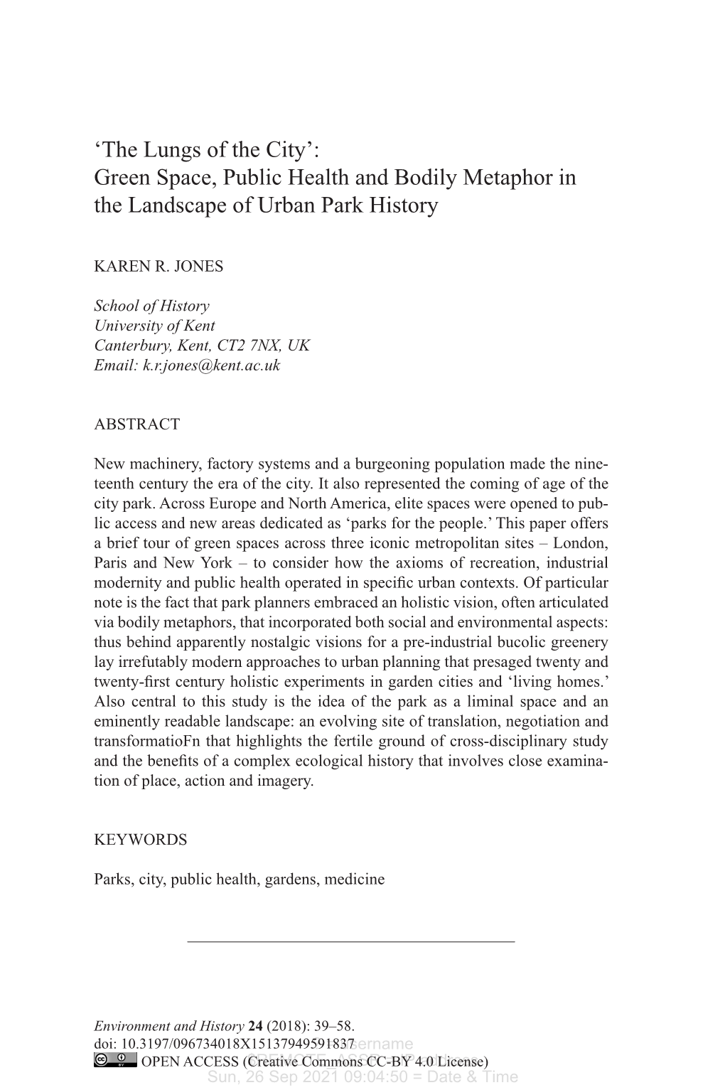 Green Space, Public Health and Bodily Metaphor in the Landscape of Urban Park History