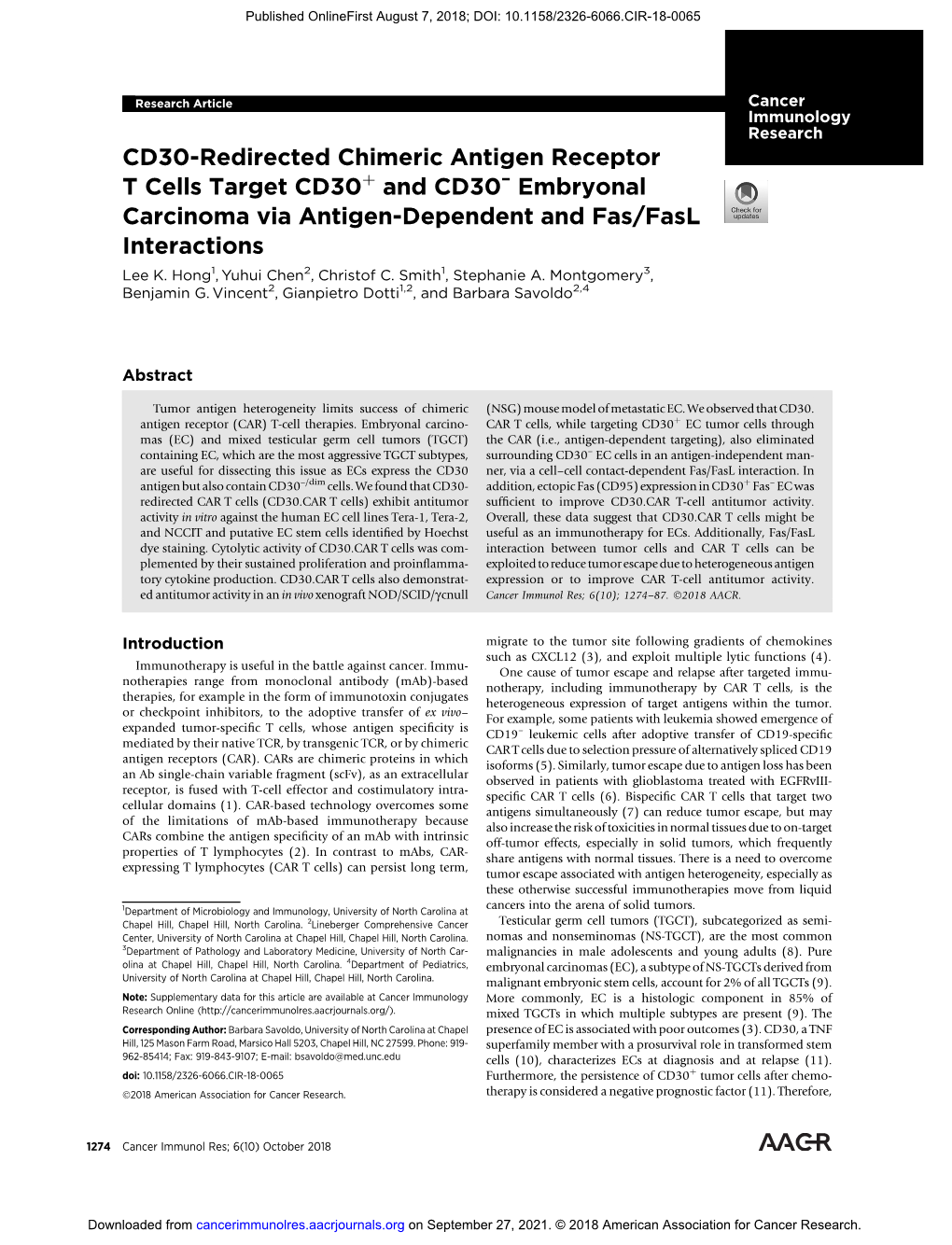 CD30-Redirected Chimeric Antigen Receptor T Cells Target Cd30þ and CD30– Embryonal Carcinoma Via Antigen-Dependent and Fas/Fasl Interactions Lee K