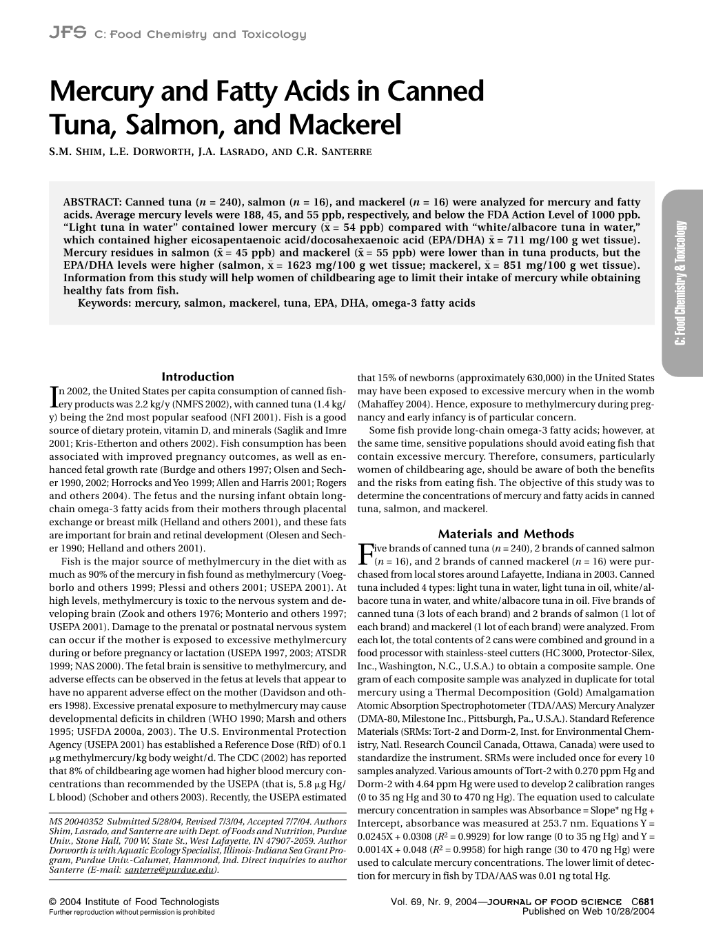 Mercury and Fatty Acids in Canned Tuna, Salmon, and Mackerel S.M