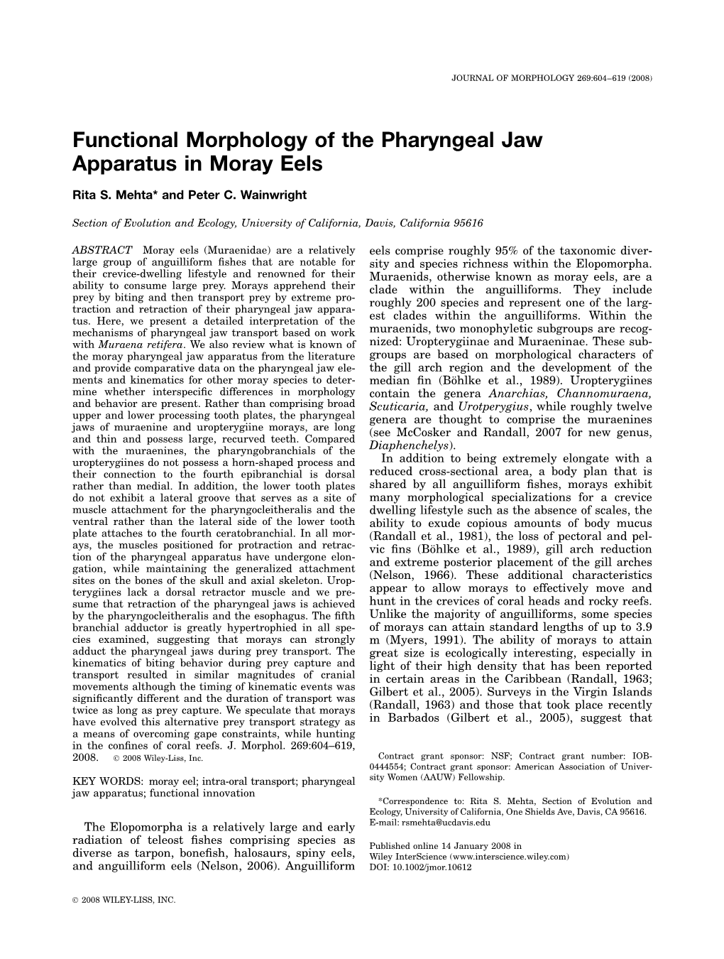 Functional Morphology of the Pharyngeal Jaw Apparatus in Moray Eels