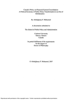 Canada's Policy on Financial System Consolidation: a Political Economy of Public Policy Transformation in an Era of Globalization