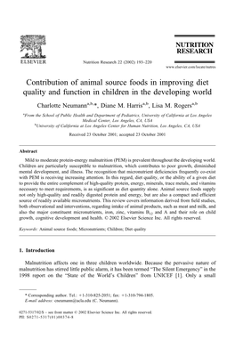 Contribution of Animal Source Foods in Improving Diet Quality and Function in Children in the Developing World