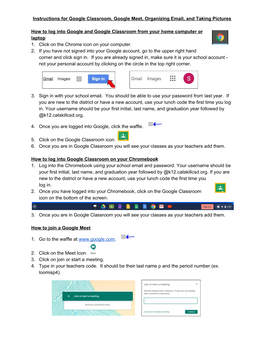 Instructions for Google Classroom, Google Meet, Organizing Email, and Taking Pictures