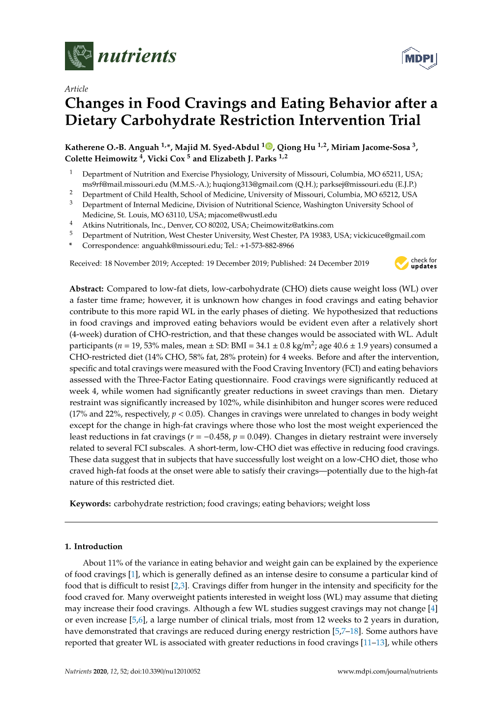 Changes in Food Cravings and Eating Behavior After a Dietary Carbohydrate Restriction Intervention Trial