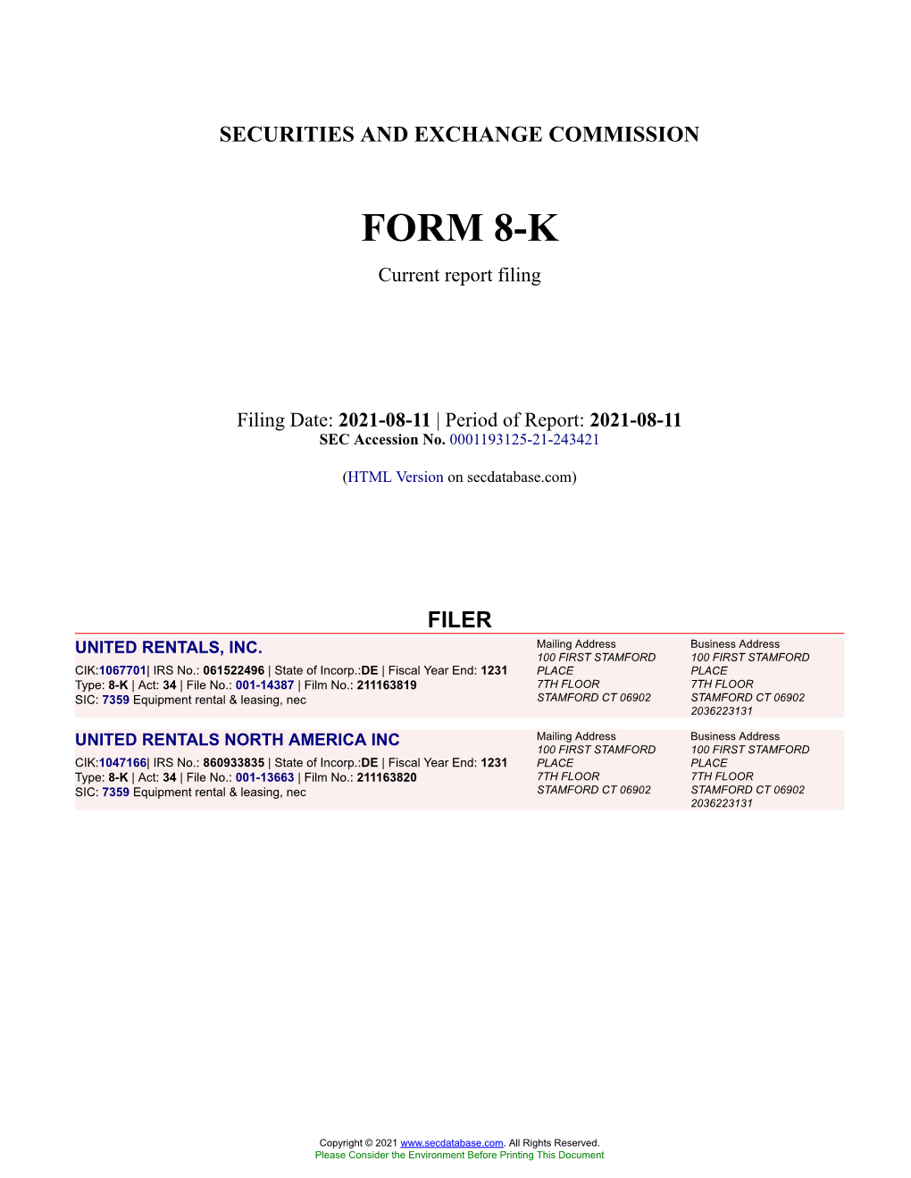 UNITED RENTALS, INC. Form 8-K Current Event Report Filed 2021-08-11