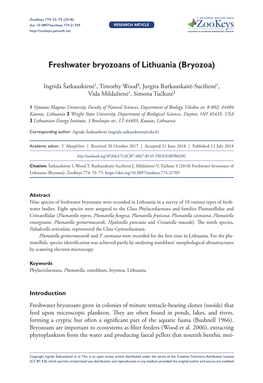 Freshwater Bryozoans of Lithuania (Bryozoa) 53 Doi: 10.3897/Zookeys.774.21769 RESEARCH ARTICLE Launched to Accelerate Biodiversity Research